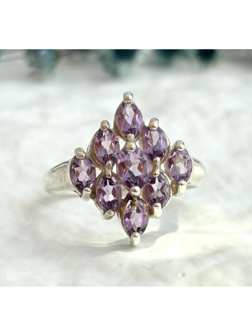 Amethyst Cluster Marquise Gemstone Sterling Silver 925 Vintage Ring - sz 9.75